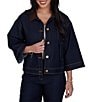 Ruby Rd. Petite Size Light Weight Denim Faux Leather Collar 3/4 Sleeve Button Front Caplet Jacket - Image 1