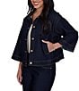 Ruby Rd. Petite Size Light Weight Denim Faux Leather Collar 3/4 Sleeve Button Front Caplet Jacket - Image 3