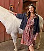 Ruby Rd. Petite Size Light Weight Denim Faux Leather Collar 3/4 Sleeve Button Front Caplet Jacket - Image 5
