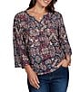 Ruby Rd. Petite Size Light Weight Slub Knit Patchwork Tapestry Split V-Neck 3/4 Sleeve Top - Image 1