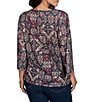Ruby Rd. Petite Size Light Weight Slub Knit Patchwork Tapestry Split V-Neck 3/4 Sleeve Top - Image 2