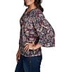 Ruby Rd. Petite Size Light Weight Slub Knit Patchwork Tapestry Split V-Neck 3/4 Sleeve Top - Image 4