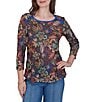 Ruby Rd. Petite Size Lightweight Knit Floral Scoop Neck 3/4 Sleeve Solid Trim Pullover - Image 1