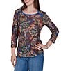 Ruby Rd. Petite Size Lightweight Knit Floral Scoop Neck 3/4 Sleeve Solid Trim Pullover - Image 4