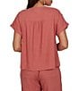 Ruby Rd. Petite Size Linen Blend Banded Round Neck Short Cuff Sleeve Button Front Shirt - Image 2