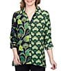 Color:Black Multi - Image 1 - Petite Size Lotus Contrasting Panel Print Long Roll-Tab Sleeve Button Front Top