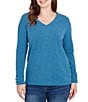Ruby Rd. Petite Size Luxe Rib Knit V-Neck Long Sleeve Popover Top, Color:Lake Blue Heather - Image 1
