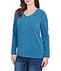 Ruby Rd. Petite Size Luxe Rib Knit V-Neck Long Sleeve Popover Top, Color:Lake Blue Heather - Image 4