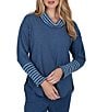 Ruby Rd. Petite Size Luxe Ribbed Knit Combo Fair Isle Trim Cowl Neck Long Sleeve Sweater - Image 1