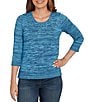 Ruby Rd. Petite Size Marled Knit Embroidered Scoop Neck 3/4 Sleeve Pullover Top, Color:Indigo - Image 1