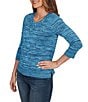 Ruby Rd. Petite Size Marled Knit Embroidered Scoop Neck 3/4 Sleeve Pullover Top, Color:Indigo - Image 4