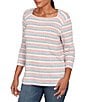 Ruby Rd. Petite Size Marled Stripe Ribbed Knit Square Neck 3/4 Sleeve Top, Color:Bright Coral Multi - Image 4