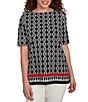 Ruby Rd. Petite Size Medallion Border Print Boat Neck Elbow Sleeve Top, Color:Black Multi - Image 1