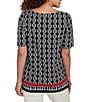 Ruby Rd. Petite Size Medallion Border Print Boat Neck Elbow Sleeve Top, Color:Black Multi - Image 2