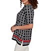 Ruby Rd. Petite Size Medallion Border Print Boat Neck Elbow Sleeve Top, Color:Black Multi - Image 3