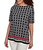Ruby Rd. Petite Size Medallion Border Print Boat Neck Elbow Sleeve Top, Color:Black Multi - Image 4