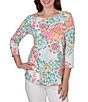 Ruby Rd. Petite Size Medallion Floral Envelope Neck 3/4 Sleeve Top - Image 1