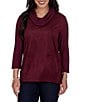 Ruby Rd. Petite Size Mixed Media Faux Suede Cowl Neck 3/4 Sleeve Top - Image 1