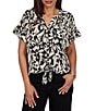 Ruby Rd. Petite Size Mixed Media Monochrome Floral V-Neck Ruffle Short Sleeve Button-Front Shirt - Image 1