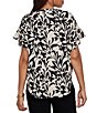 Ruby Rd. Petite Size Mixed Media Monochrome Floral V-Neck Ruffle Short Sleeve Button-Front Shirt - Image 2