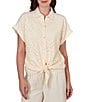 Ruby Rd. Petite Size Mixed Media Point Collar Short Rolled Cuff Sleeve Button Tie-Front Top - Image 1