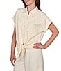 Ruby Rd. Petite Size Mixed Media Point Collar Short Rolled Cuff Sleeve Button Tie-Front Top - Image 3
