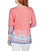 Color:Guava Multi - Image 2 - Petite Size Moroccan Print Knit Bead Embellished Scoop Neck 3/4 Sleeve Sharkbite Hem Top