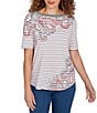 Ruby Rd. Petite Size Paisley Stripe Envelope Neck Short Sleeve Top, Color:Bay Leaf/Multi - Image 1