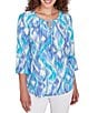Color:Blue Moon Multi - Image 1 - Petite Size Polynesian Gauze Ikat Tassel Ties Split Round Neck 3/4 Sleeve Top