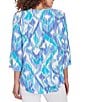 Color:Blue Moon Multi - Image 2 - Petite Size Polynesian Gauze Ikat Tassel Ties Split Round Neck 3/4 Sleeve Top