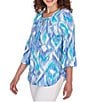Color:Blue Moon Multi - Image 4 - Petite Size Polynesian Gauze Ikat Tassel Ties Split Round Neck 3/4 Sleeve Top