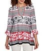 Ruby Rd. Petite Size Printed Embellished Keyhole Neck 3/4 Ruffle Sleeve Sharkbite Hem Top, Color:Black Multi - Image 1