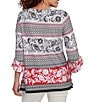 Ruby Rd. Petite Size Printed Embellished Keyhole Neck 3/4 Ruffle Sleeve Sharkbite Hem Top, Color:Black Multi - Image 2
