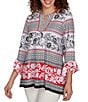 Ruby Rd. Petite Size Printed Embellished Keyhole Neck 3/4 Ruffle Sleeve Sharkbite Hem Top, Color:Black Multi - Image 4