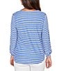 Ruby Rd. Petite Size Scalloped Stripe V-Neck 3/4 Roll-Tab Sleeve Top, Color:Sea Blue - Image 2