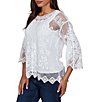 Ruby Rd. Petite Size Scoop Neck 3/4 Sleeve Medallion Crochet Lace Top - Image 3