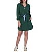 Ruby Rd. Petite Size Scuba Pique Contrast Stripe Trim Zip Front Collar 3/4 Roll-Tab Sleeve Cinched Waist A-Line Dress - Image 1
