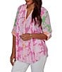 Ruby Rd. Petite Size Silky Gauze Color-Block Floral Split V-Neck Roll-Tab Sleeve Button-Front Blouse - Image 4