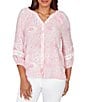 Ruby Rd. Petite Size Silky Gauze Floral Split V-Neck 3/4 Sleeve Button-Front Blouse - Image 4