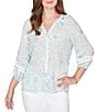 Ruby Rd. Petite Size Silky Gauze Floral Split V-Neck 3/4 Sleeve Button-Front Blouse - Image 1