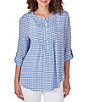 Ruby Rd. Petite Size Silky Gauze Gingham Print Scoop Neck 3/4 Roll-Tab Sleeve Top,Specials : American Fashion Style Bags On Sale