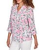 Ruby Rd. Petite Size Silky Gauze Paisley Split V-Neck 3/4 Sleeve Button Front Top, Color:Hydrangea Multi - Image 4