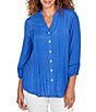 Ruby Rd. Petite Size Silky Slub Woven Split V-Neck 3/4 Sleeve Button Front Top, Color:Aruba Blue - Image 1