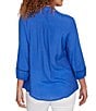 Ruby Rd. Petite Size Silky Slub Woven Split V-Neck 3/4 Sleeve Button Front Top, Color:Aruba Blue - Image 2