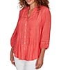 Ruby Rd. Petite Size Silky Slub Woven Split V-Neck 3/4 Sleeve Button Front Top - Image 4