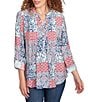 Ruby Rd. Petite Size Silky Voile Patchwork Split V-Neck Long Roll-Tab Sleeve Blouse, Color:Indigo Multi - Image 1
