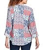Ruby Rd. Petite Size Silky Voile Patchwork Split V-Neck Long Roll-Tab Sleeve Blouse, Color:Indigo Multi - Image 2