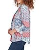 Ruby Rd. Petite Size Silky Voile Patchwork Split V-Neck Long Roll-Tab Sleeve Blouse, Color:Indigo Multi - Image 3
