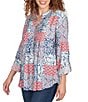 Ruby Rd. Petite Size Silky Voile Patchwork Split V-Neck Long Roll-Tab Sleeve Blouse, Color:Indigo Multi - Image 4