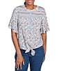 Ruby Rd. Petite Size Silky Voile Printed Round Neck Short Flutter Sleeve Tie-Front Top, Color:Blue Sky Multi - Image 1